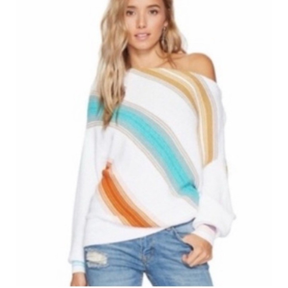 Free‎ People Rainbow Stripe Sweater Womens Small White Excellent Slouchy Knit